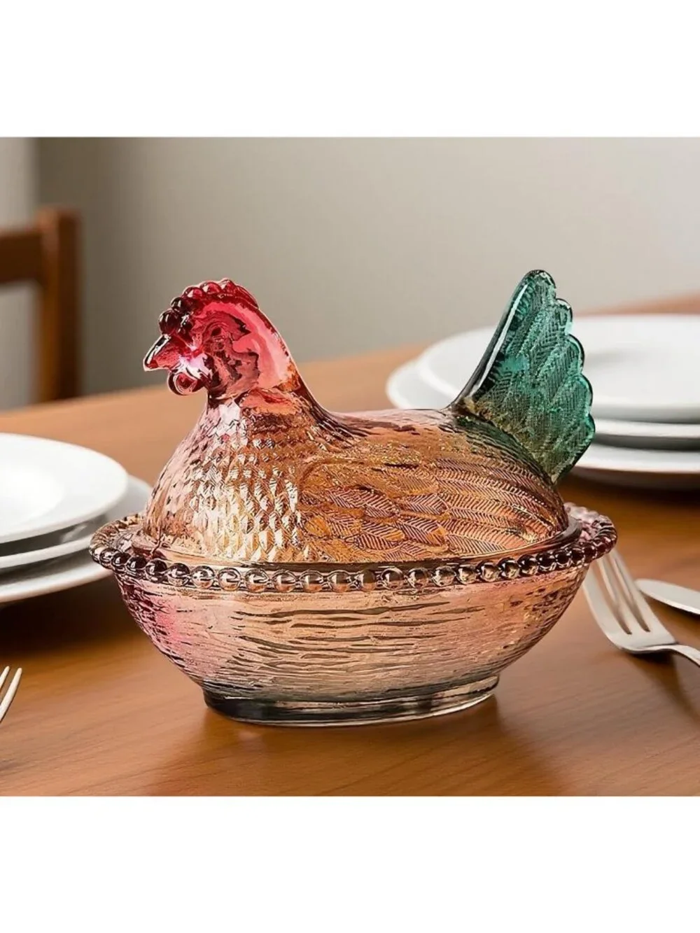 Vintage Glass Hen on Nest Dish with Lid | Large Rooster Candy Bowl, Colorful